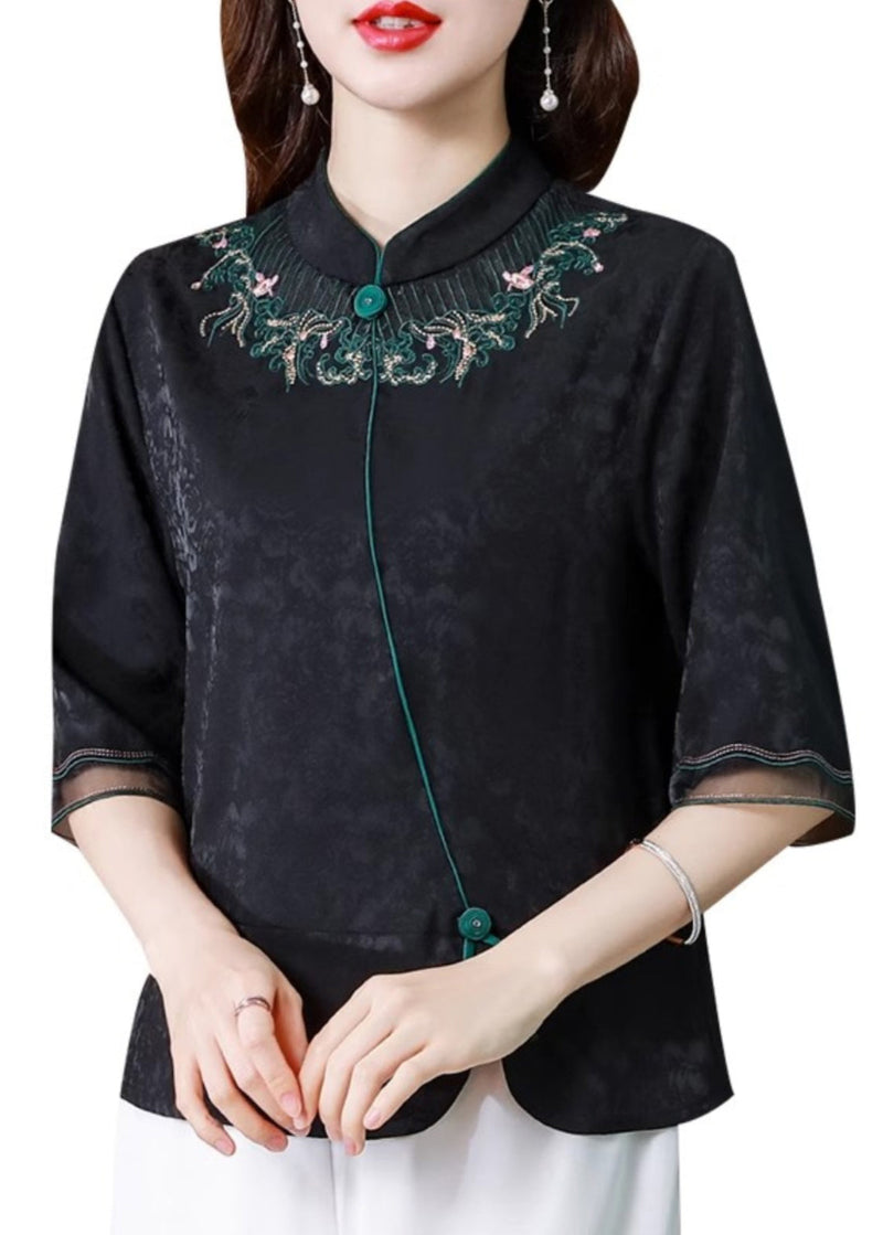 Black Stand Collar Embroidered Silk Blouse Top Summer Bb008