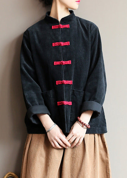 Black Stand Collar Oriental Button Corduroy Coat Spring Ti009