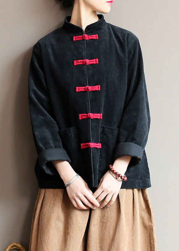Black Stand Collar Oriental Button Corduroy Coat Spring Ti009