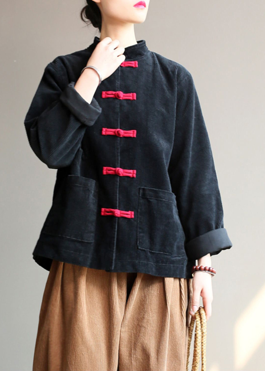 Black Stand Collar Oriental Button Corduroy Coat Spring Ti009