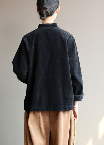 Black Stand Collar Oriental Button Corduroy Coat Spring Ti009