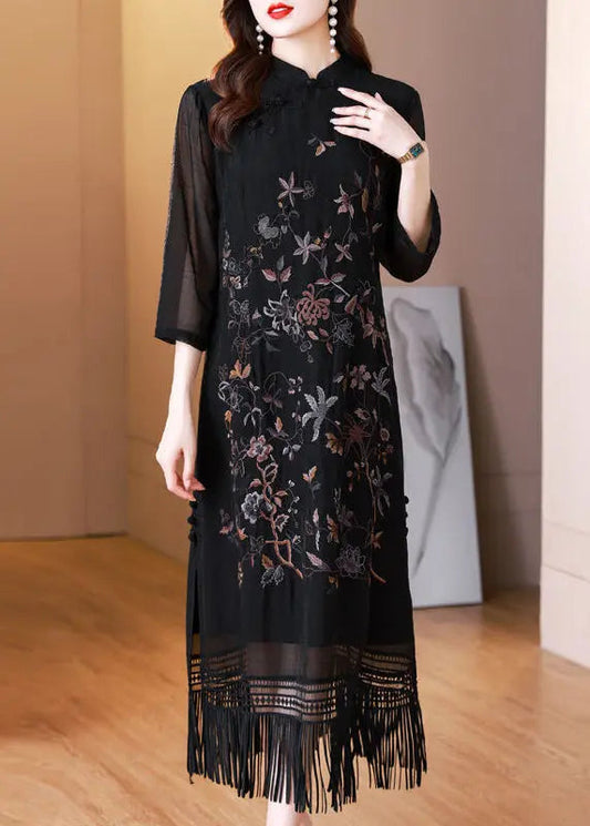 Black Tasseled Embroidered Silk Long Dresses Bracelet Sleeve Ha1035