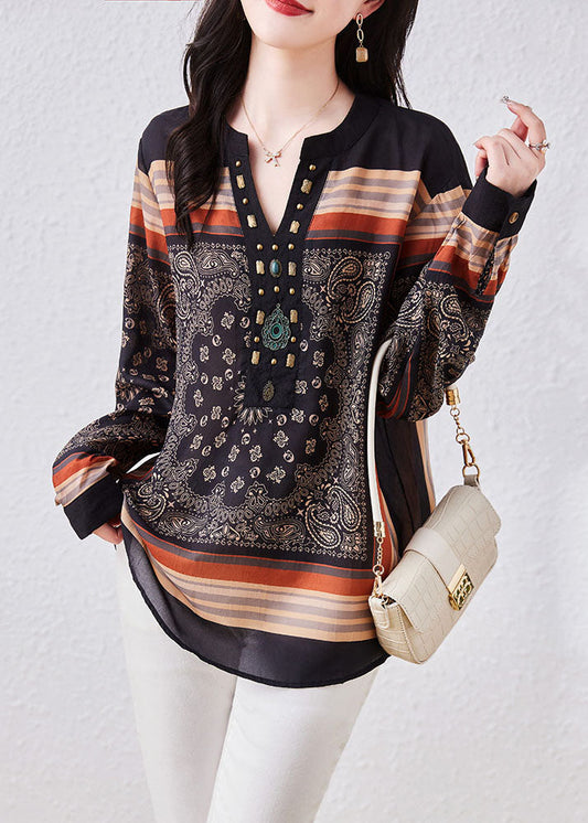 Black V Neck Print Patchwork Chiffon Blouses Long Sleeve Tq1026
