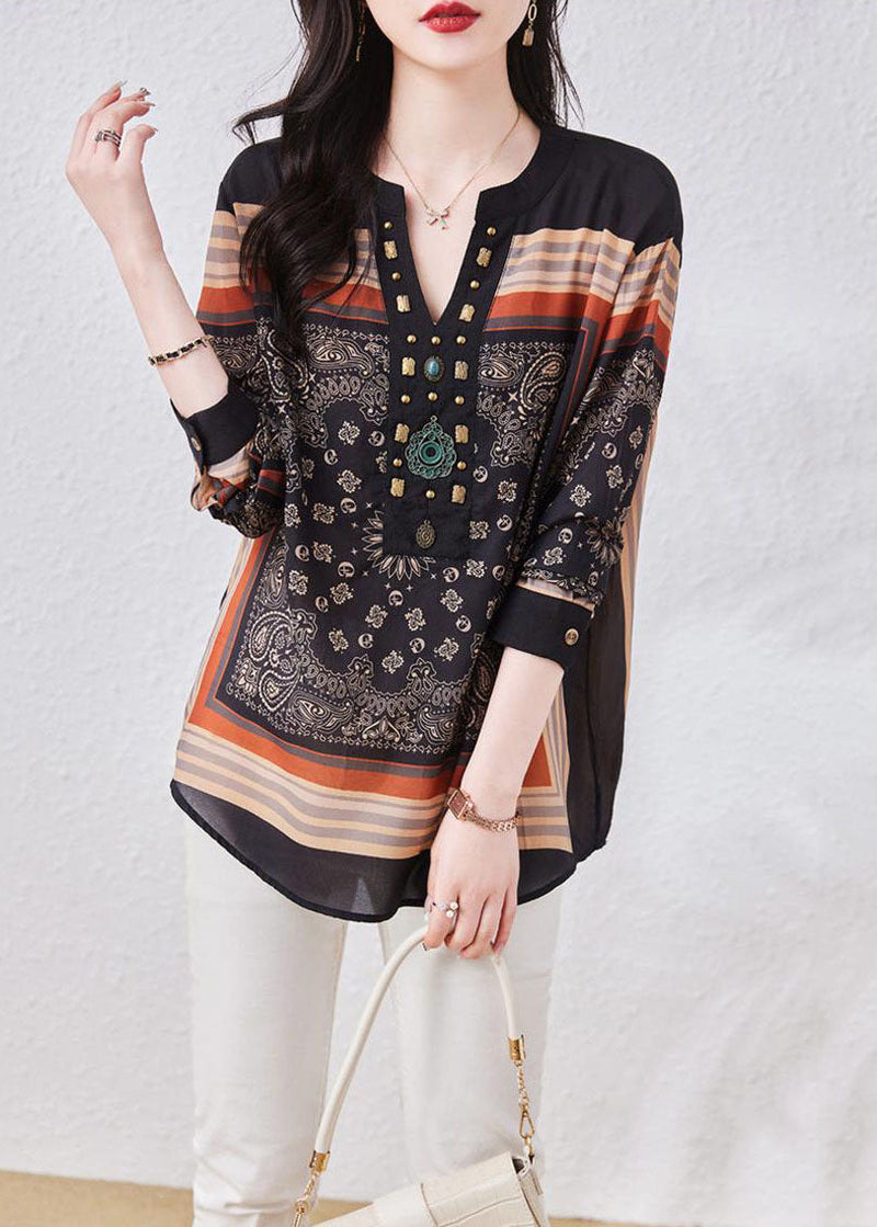 Black V Neck Print Patchwork Chiffon Blouses Long Sleeve Tq1026
