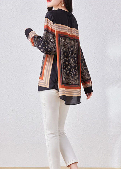Black V Neck Print Patchwork Chiffon Blouses Long Sleeve Tq1026