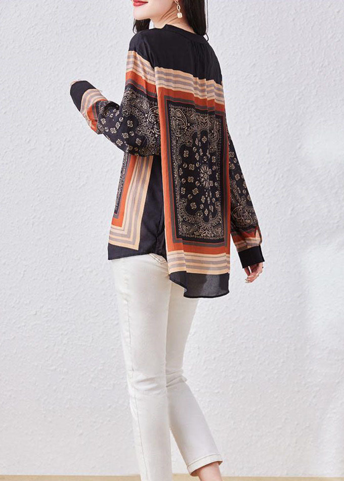 Black V Neck Print Patchwork Chiffon Blouses Long Sleeve Tq1026