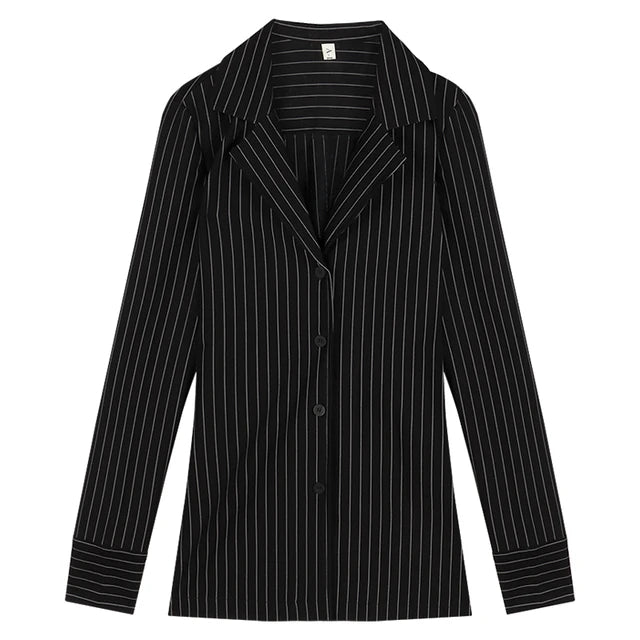 Blouses Black Stripe Slim Fit Shirts Long Sleeve Top Korean Office Lady Aesthetic Shirt