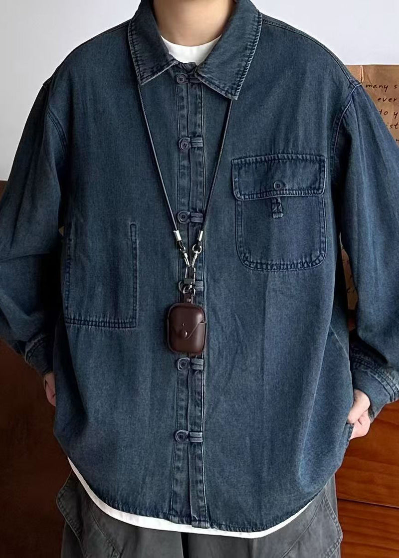 Oversized Spring Coat Pockets Button Blue Denim