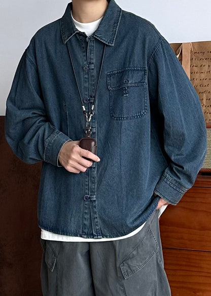 Oversized Spring Coat Pockets Button Blue Denim