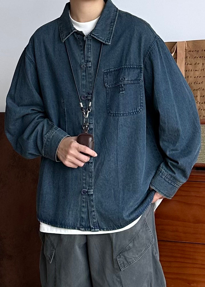 Oversized Spring Coat Pockets Button Blue Denim