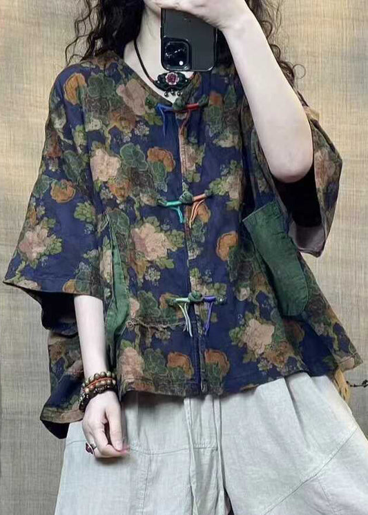 Blue Button Print Linen Blouse Half Sleeve Gg038