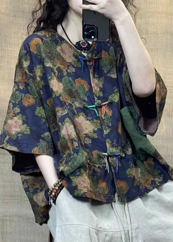 Blue Button Print Linen Blouse Half Sleeve Gg038