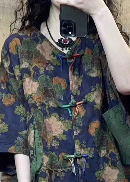 Blue Button Print Linen Blouse Half Sleeve Gg038