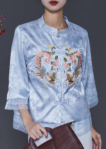 Blue Embroidered Patchwork Oriental Silk Blouses Spring Sd1039