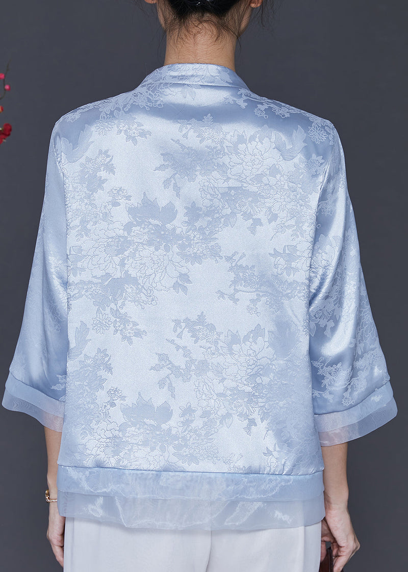 Blue Embroidered Patchwork Oriental Silk Blouses Spring Sd1039