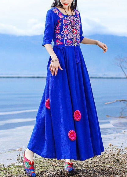 Blue Embroidered Tie Waist Cotton Long Dress Half Sleeve Kk094