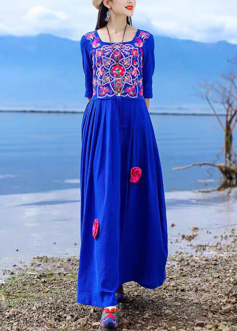 Blue Embroidered Tie Waist Cotton Long Dress Half Sleeve Kk094