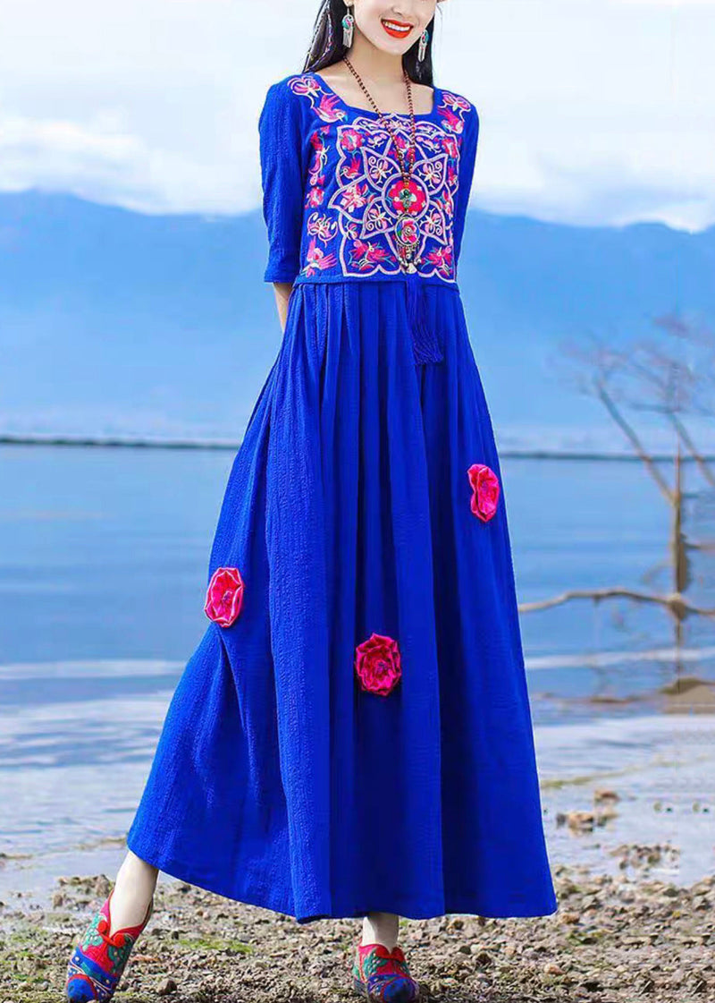 Blue Embroidered Tie Waist Cotton Long Dress Half Sleeve Kk094