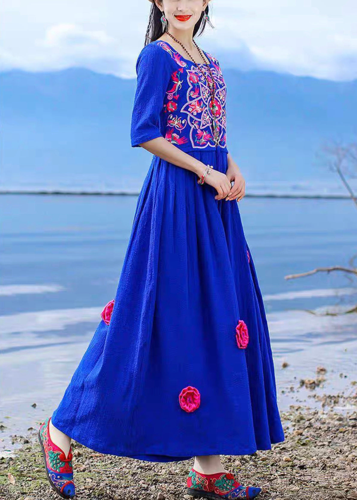 Blue Embroidered Tie Waist Cotton Long Dress Half Sleeve Kk094