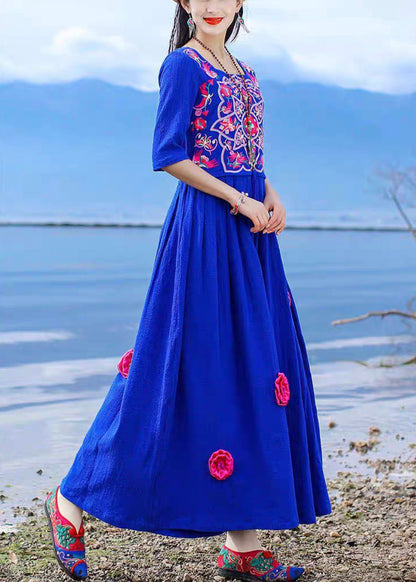 Blue Embroidered Tie Waist Cotton Long Dress Half Sleeve Kk094
