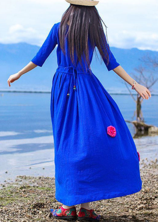 Blue Embroidered Tie Waist Cotton Long Dress Half Sleeve Kk094