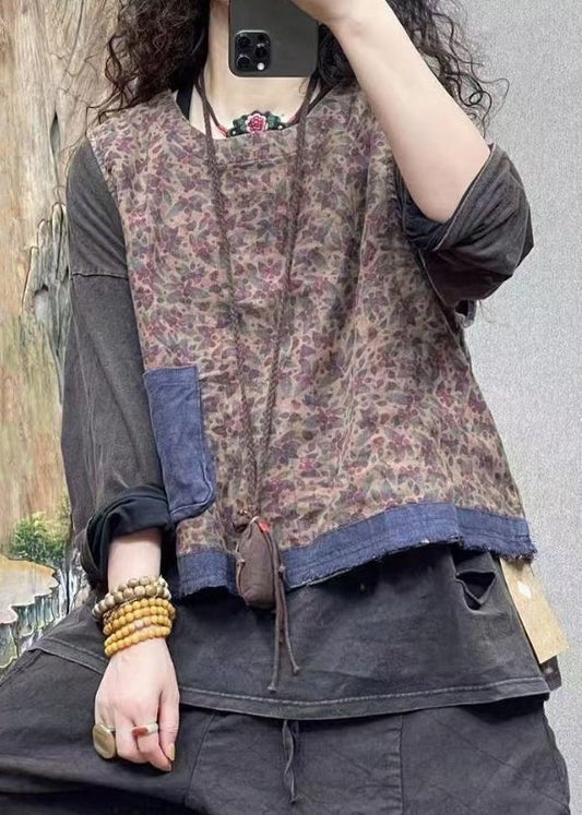 Blue O-neck Print Pockets Linen Waistcoat Sleeveless Vv011