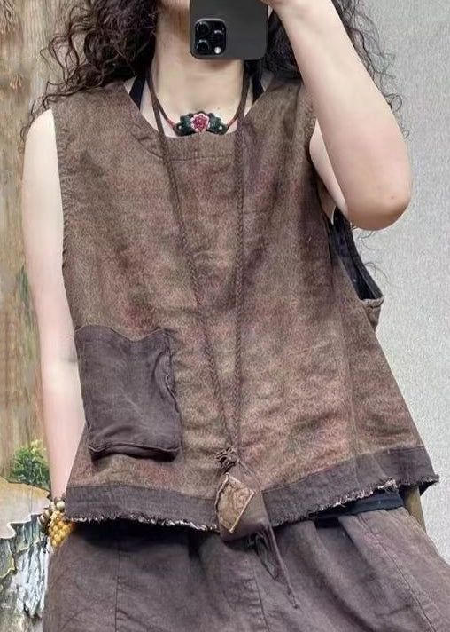 Blue O-neck Print Pockets Linen Waistcoat Sleeveless Vv011