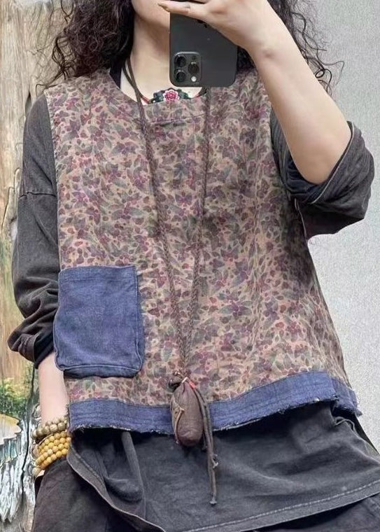Blue O-neck Print Pockets Linen Waistcoat Sleeveless Vv011