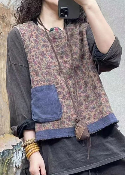 Blue O-neck Print Pockets Linen Waistcoat Sleeveless Vv011