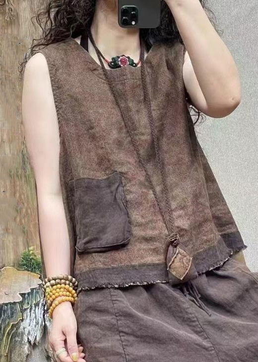 Blue O-neck Print Pockets Linen Waistcoat Sleeveless Vv011
