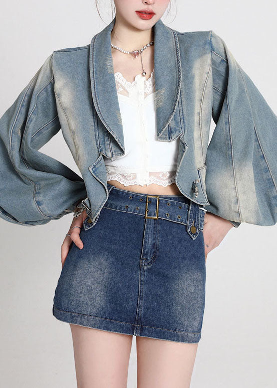 Blue Patchwork Denim Coats Lantern Sleeve Ly0788