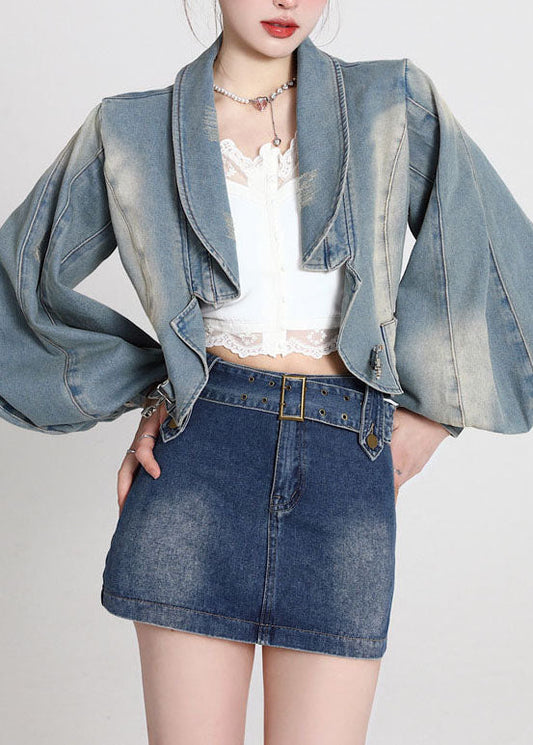 Blue Patchwork Denim Coats Lantern Sleeve Ly0788