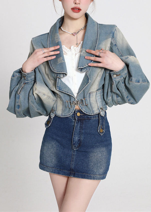 Blue Patchwork Denim Coats Lantern Sleeve Ly0788