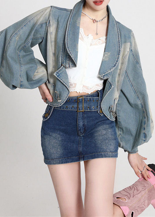 Blue Patchwork Denim Coats Lantern Sleeve Ly0788
