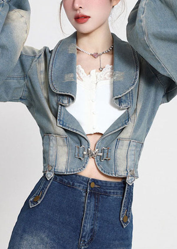 Blue Patchwork Denim Coats Lantern Sleeve Ly0788