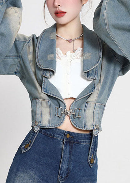 Blue Patchwork Denim Coats Lantern Sleeve Ly0788