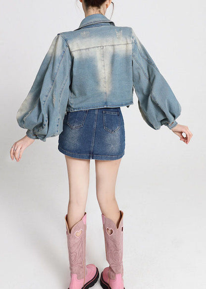 Blue Patchwork Denim Coats Lantern Sleeve Ly0788