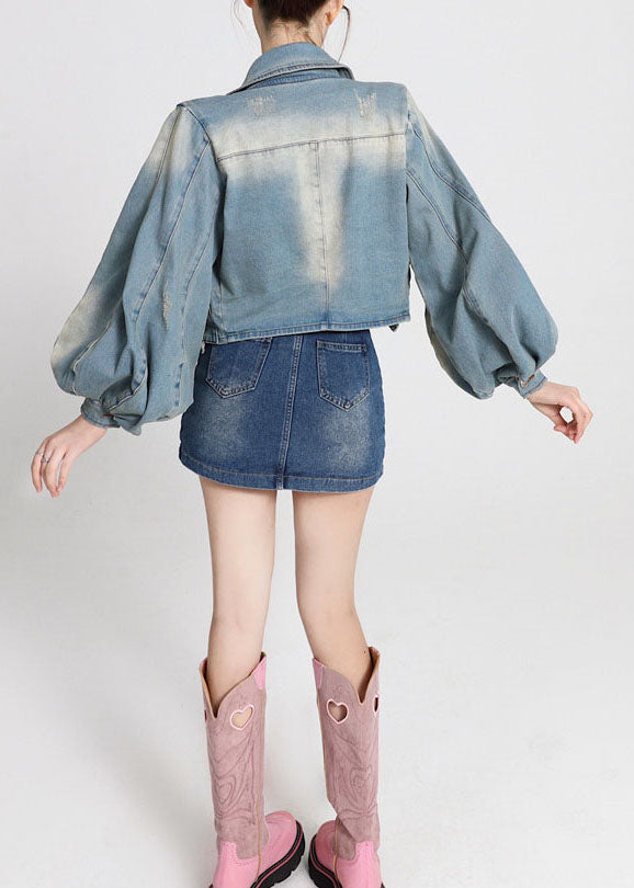 Blue Patchwork Denim Coats Lantern Sleeve Ly0788