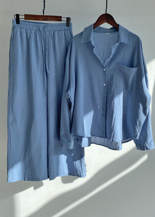 Blue Peter Pan Collar Tops and Pants Cotton Two-piece Set Spring Lc0459