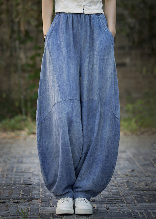 Blue Pockets High Waist Linen Summer Pants Qe021