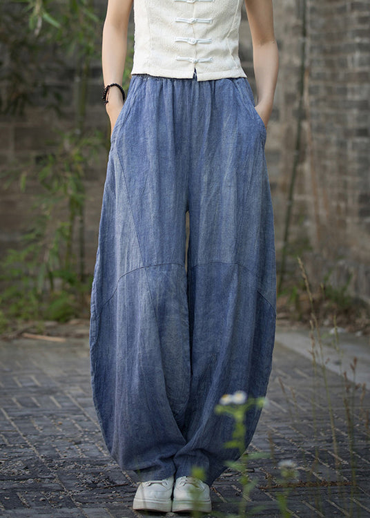 Blue Pockets High Waist Linen Summer Pants Qe021