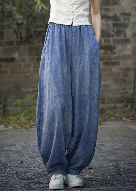 Blue Pockets High Waist Linen Summer Pants Qe021
