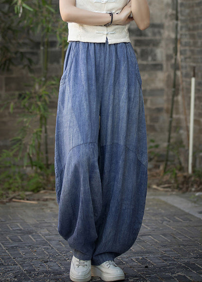 Blue Pockets High Waist Linen Summer Pants Qe021