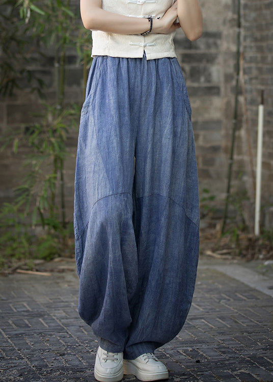 Blue Pockets High Waist Linen Summer Pants Qe021