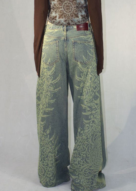 Blue Print Pockets High Waist Denim Pants Fall Qf052