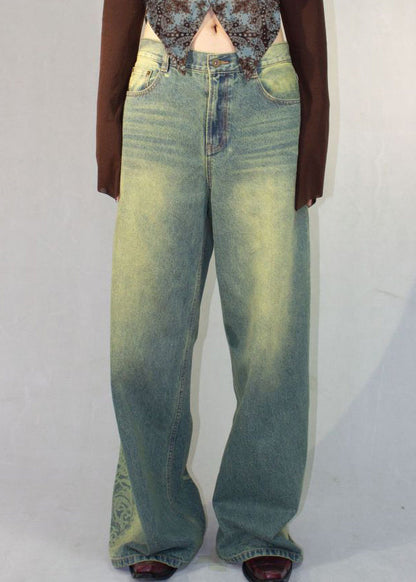 Blue Print Pockets High Waist Denim Pants Fall Qf052