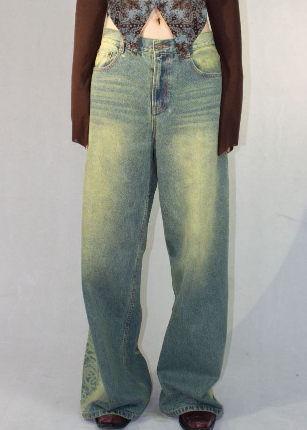 Blue Print Pockets High Waist Denim Pants Fall Qf052
