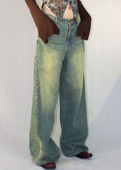 Blue Print Pockets High Waist Denim Pants Fall Qf052