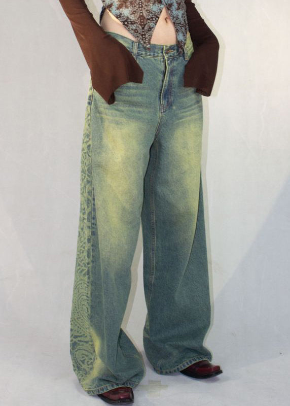 Blue Print Pockets High Waist Denim Pants Fall Qf052