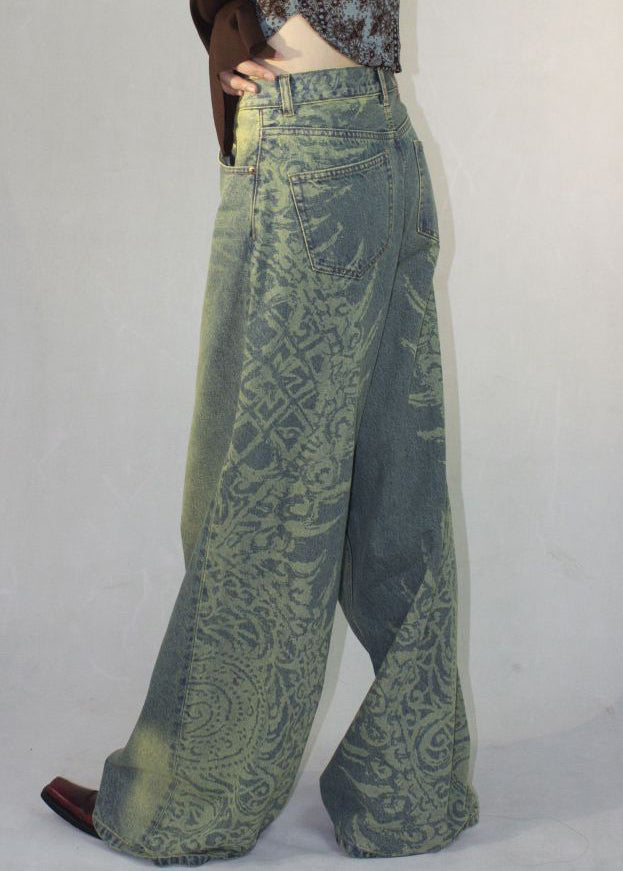 Blue Print Pockets High Waist Denim Pants Fall Qf052